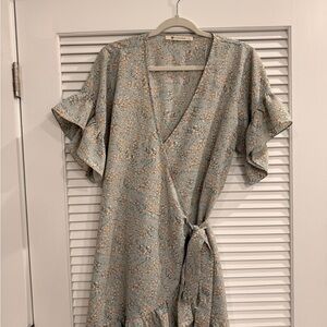 The Impeccable Pig Floral Midi Wrap Dress in Light Blue and Peach